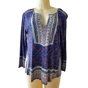 Womens Lucky Brand V Neck Floral Boho Top Blue White Rust M Cotton Modal